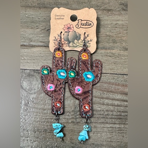 Justin Boots Jewelry - NWT Justin Boots Leather Embroidered Cactus Earrings Western Turquoise Dangle